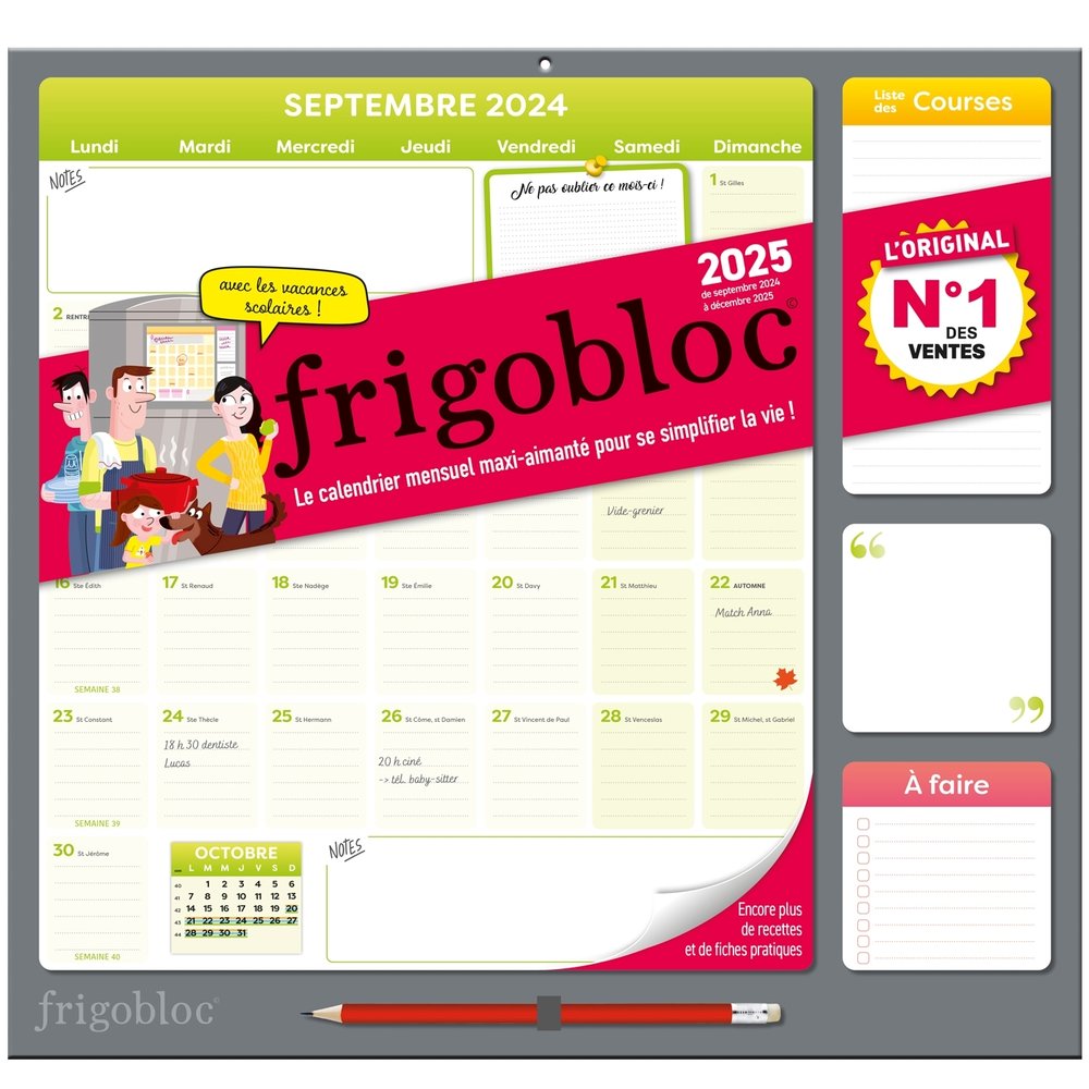 Frigobloc mensuel 2025 - calendrier d'organisation familiale / mois (de sept. 2024 a dec. 2025)